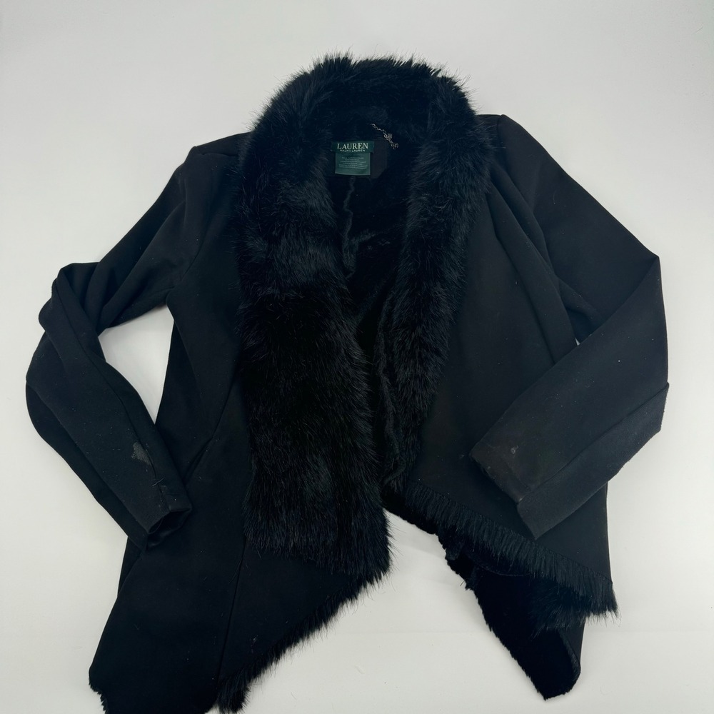 Lauren Ralph Lauren Faux Fur Collar Jacket Black Open Front‎ Elegant Chic
